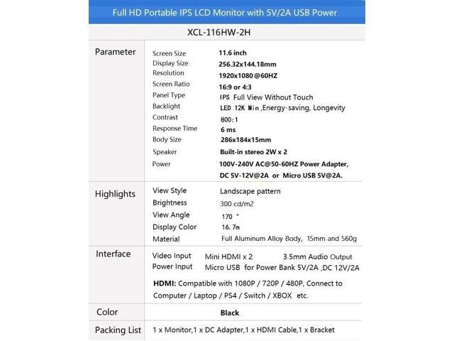 11.6 inch 1920x1080 Full HD Portable Lightweight 1080p IPS LED LCD Monitor with Mini HDMI x 2 / 3.5mm Audio / Micro USB Ports, 5V 2A USB Power...