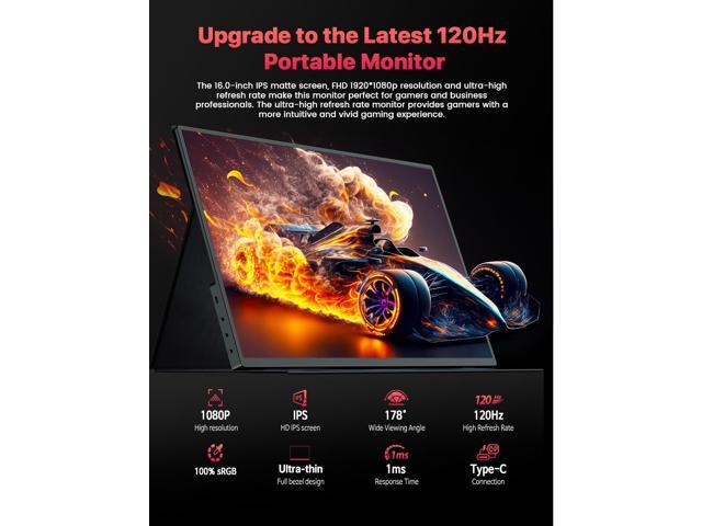 Newsoul 16' 120Hz Portable Gaming Monitor with HDR, 400 Nits, 1080P IPS, Ultra-Slim Aluminum Design, VESA & Smart Cover - Ultimate Travel Companion
