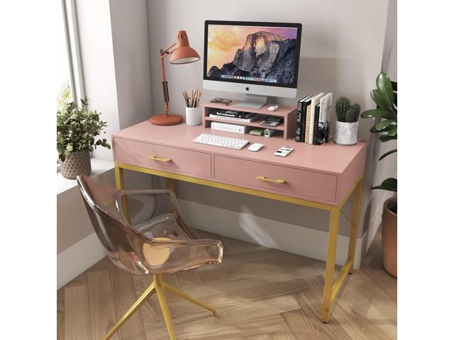WESTREE Women Makeup Vanity Desk with 2 Drawers - Bedroom Home Office Desk, Wooden Height Monitor Stand & Storage Shelf Without Mirror, Pink Table...