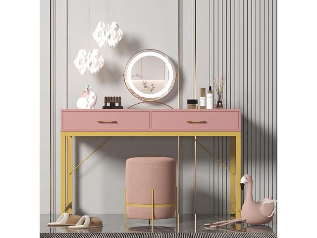 WESTREE Women Makeup Vanity Desk with 2 Drawers - Bedroom Home Office Desk, Wooden Height Monitor Stand & Storage Shelf Without Mirror, Pink Table...