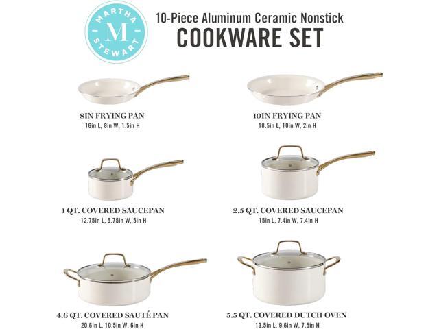 Martha Stewart Lockton Premium Nonstick PFA Free Ceramic Interior 10 Piece Heavy Gauge Enamel Aluminum Pots and Pans Cookware Set - Linen White...
