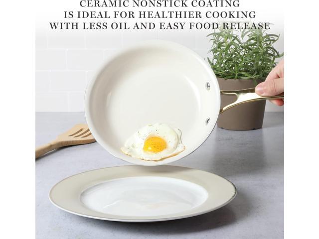 Martha Stewart Lockton Premium Nonstick PFA Free Ceramic Interior 10 Piece Heavy Gauge Enamel Aluminum Pots and Pans Cookware Set - Linen White...