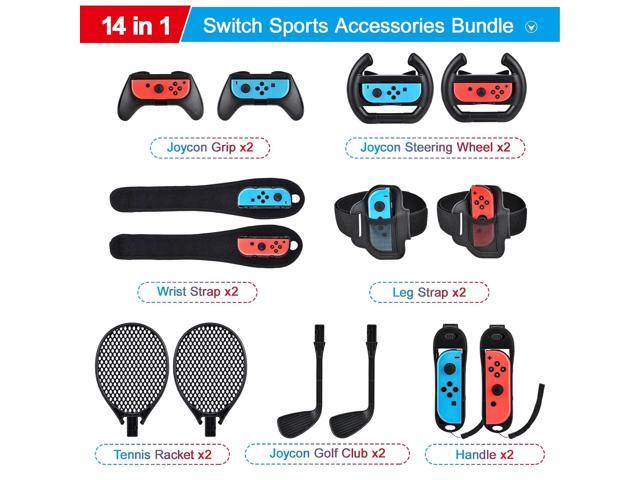 innoAura 14 in 1 Switch Sports Accessories Bundle with Switch Steering Wheel, J-con Grip, Tennis Racket, Glof Club, Leg Strap, Wrist Strap...