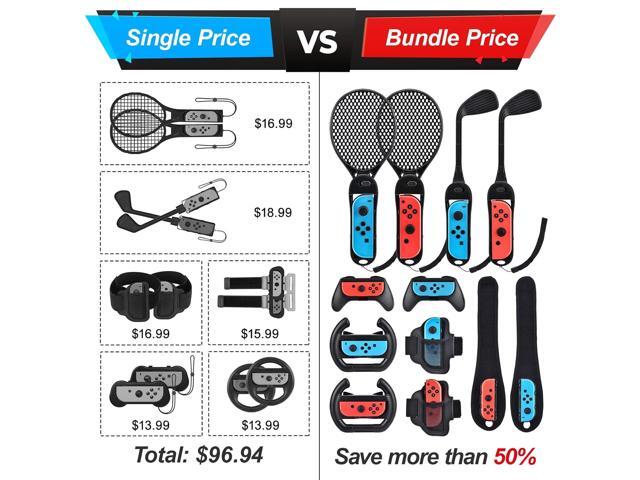 innoAura 14 in 1 Switch Sports Accessories Bundle with Switch Steering Wheel, J-con Grip, Tennis Racket, Glof Club, Leg Strap, Wrist Strap...