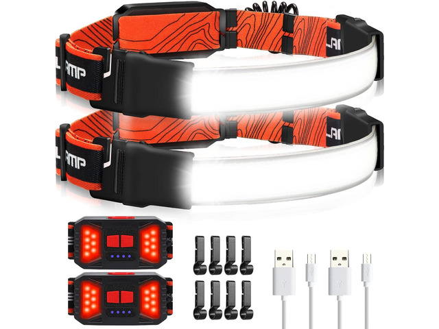 Adelante LED Headlamp Flashlight, 2Pack 1000LM 230°Wide-Beam Rechargeable Head Lamp for Adults, Red Taillight & 8 Clips Waterproof Hard Hat Light...