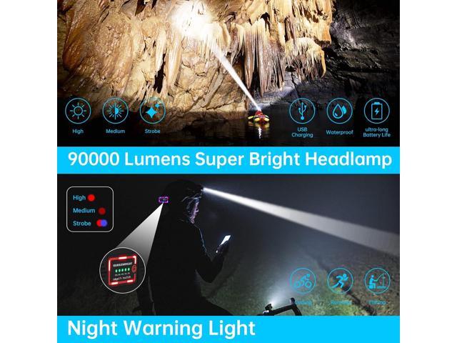 LED Rechargeable Headlamp, Headlight 90000 Lumens Super Bright with 6 Modes & IPX5 Warning Light, Motion Sensor Adjustable Headband Head Lamp, 60°...