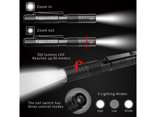 Rechargeable Zoomable LED Penlight, 3 Modes, 350 Lumens Pocket Size Clip Flashlight for Nurse, Inspection, Repair, Emergency