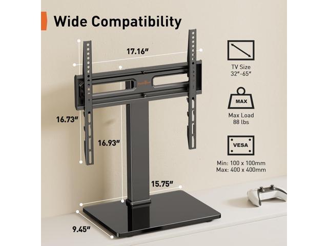 Perlegear Universal Swivel TV Stand with Power Outlet, Tabletop TV Stand for 3260,65 Inch TVs up to 88 lbs, Tempered Glass TV Mount Stand Base with...