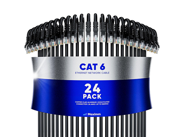 Maximm Cat6 Ethernet Cable 1 Ft Black (24-Pack), 10Gbps 550MHz UTP Cord