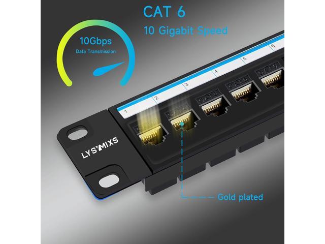 24 Port RJ45 Patch Panel Cat6 Feed Through, Coupler Network Patch Panel 19 Inch, Inline Keystone Ethernet Patch Panel with Back Bar