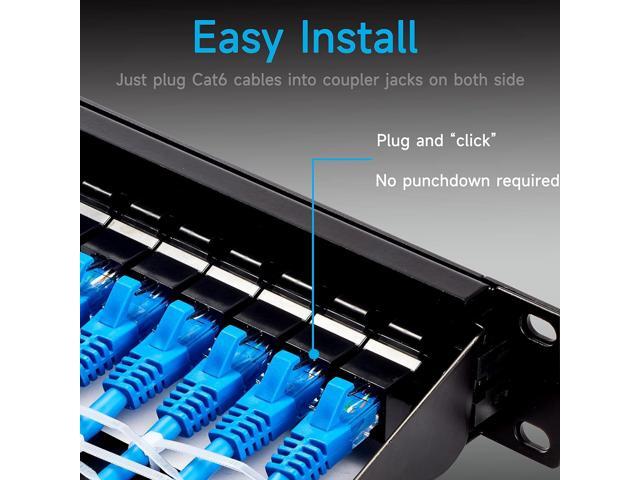 24 Port RJ45 Patch Panel Cat6 Feed Through, Coupler Network Patch Panel 19 Inch, Inline Keystone Ethernet Patch Panel with Back Bar