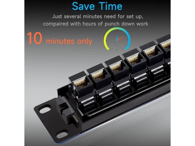 24 Port RJ45 Patch Panel Cat6 Feed Through, Coupler Network Patch Panel 19 Inch, Inline Keystone Ethernet Patch Panel with Back Bar