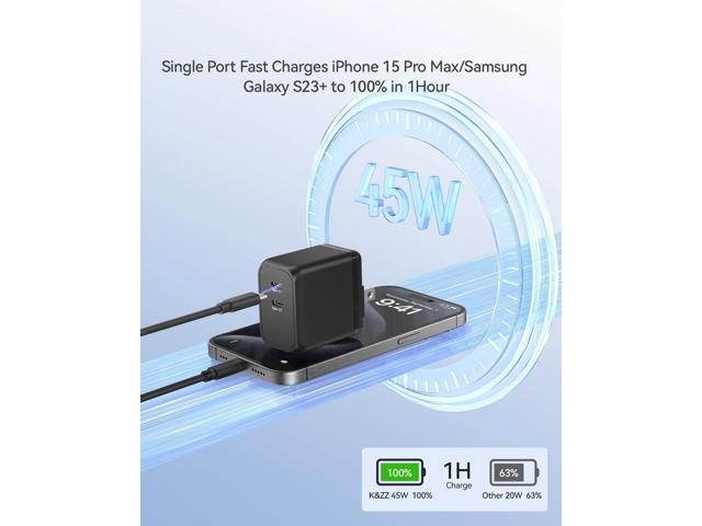 K & ZZ USB C Charger 45W Super Fast Charger Dual Type C Wall Charger Block Foldable PD USB-C GaN Chargers for iPhone 15/ 15Pro, Galaxy S23 Ultra/...
