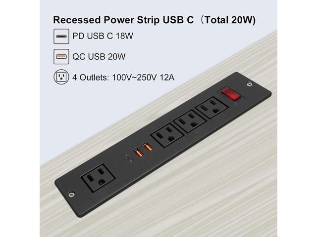 Desktop Recessed Power Strip USB C (Fast Charge 20W),Mounted Desk Plug in Extension Cord 4 Outlets (1 Extra Wide Space) w 3 USB Ports (w Switch)...