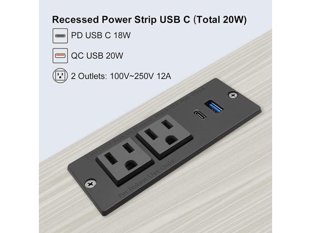USB C Recessed Power Strip Fast Charge Desktop Power Station 2 Outlets 2 USB (PD20W & QC18W, Total 20W) Mountable Flat Plug Extension Cord Mount...