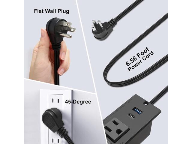 USB C Recessed Power Strip Fast Charge Desktop Power Station 2 Outlets 2 USB (PD20W & QC18W, Total 20W) Mountable Flat Plug Extension Cord Mount...