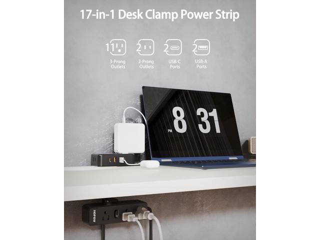 Dual Layer Desk Clamp Power Strip, Desktop Edge Mount Charging Station with 13 Outlets 4 USB Ports (2 USB C), Under Desk Surge Protector(1700...