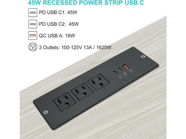 45W Recessed Power Strip USB C, Flush Mount Desk Extender 3 AC Outlets 2 PD USB-C & 1 Fast Charge USB-A Ports,Flat Plug Extension Cord for Drawer...