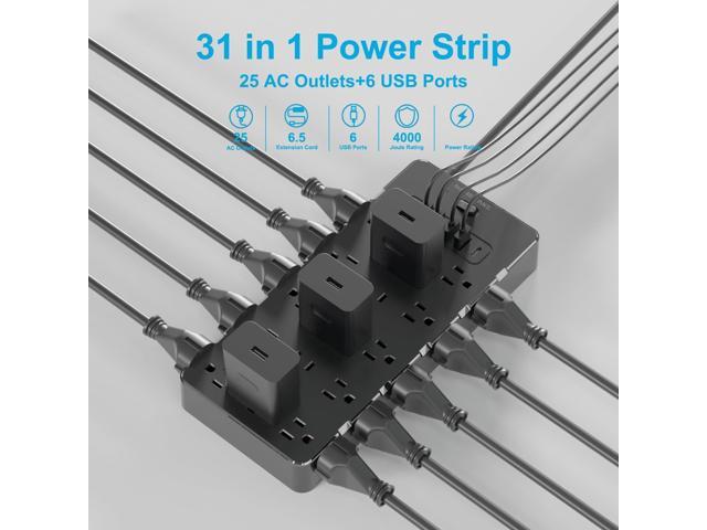 Large Surge Protector Power Strip with USB Ports (4A+2C),Heavy Duty Extension Cord 14 Gauge 6.5 Ft,4000 Joules Surge Protection,25 Spaced AC...