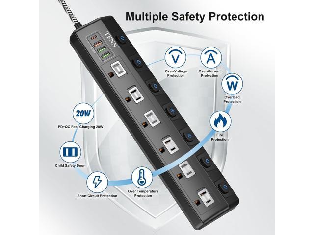 Power Strip with USB Ports,Wall Mount 5FT Total 70W 4 USB Charging Station,USB-C(PD 20W) 3USB-A(QC20W*1,5V3A*2),Individually Switchable 1875W...