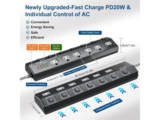 Power Strip with USB Ports,Wall Mount 5FT Total 70W 4 USB Charging Station,USB-C(PD 20W) 3USB-A(QC20W*1,5V3A*2),Individually Switchable 1875W...