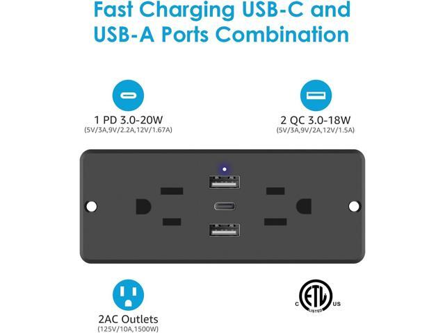 HHSOET 5 in 1 Recessed Power Strip Flat Plug, 20W Fast Charging Furniture Outlet with USB, Conference Recessed Socket with 2 AC Plugs, 2 USB Ports...