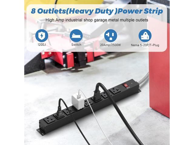 20 Amp Power Strip Heavy Duty, 12 Gauge Extension Cord for Appliance Workbench Garage Industrial, Metal 8 Outlets Combine with T-Plug Adapter 5-20R...
