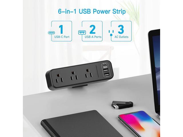 3 Outlet Desk Clamp Power Strip with USB C, Black Flat Plug Desktop Edge Clamp Power Socket Connect 6.5 ft Thin Extension Cord for 1.6 inch Tables