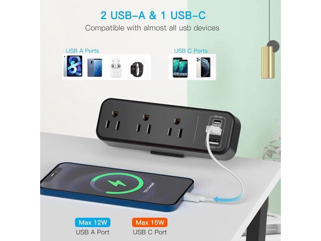3 Outlet Desk Clamp Power Strip with USB C, Black Flat Plug Desktop Edge Clamp Power Socket Connect 6.5 ft Thin Extension Cord for 1.6 inch Tables