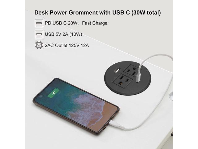 Desk Power Grommet USB C Total 30W, PD Fast Charge Desktop Power Strip 2 Outlets 2 USB Ports Recessed Flat Plug Extension Cord Mount into...