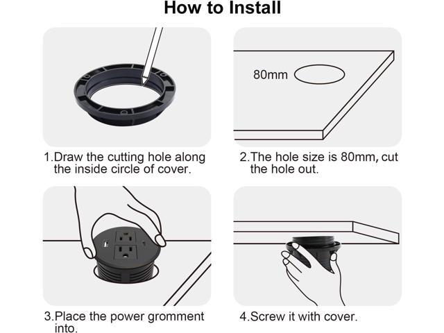 Desk Power Grommet USB C Total 30W, PD Fast Charge Desktop Power Strip 2 Outlets 2 USB Ports Recessed Flat Plug Extension Cord Mount into...