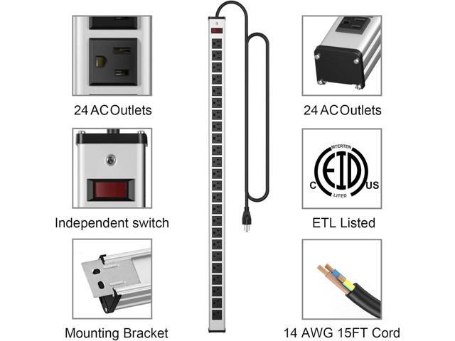 24 Outlets Extra Long Power Strip,Heavy Duty Metal Socket Power Strip,Metal Power Strip with 15-Foot Extension Power Cord,ETL Certified