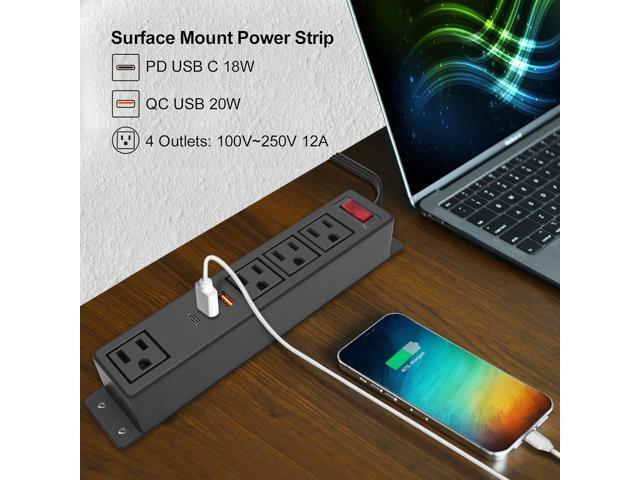 Multi Plug Outlet with USB C 20W Wall Mounted Power Strip Desk Mountable Extension Cord 4 Outlets 3 USB Ports (2 QC USB-A& 1 PD USB-C) Ports Flat...