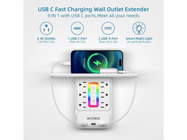 Socket Outlet Shelf,Wall Outlet Extender Surge Protector with Nightlight,6 Outlets with 3 USB Ports(1 USB C) Plug Expander Charger Shelf with...