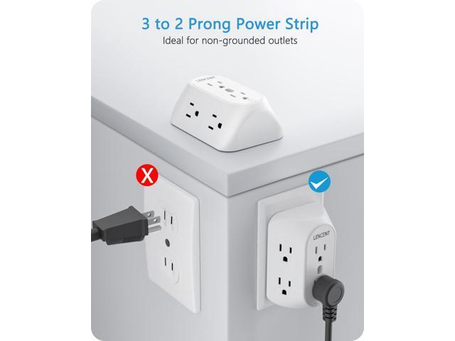 LENCENT 2 Prong Power Strip, 3 to 2 Prong Grounding Outlet Adapter, Polarized Plug, Surge Protector, 3-Sided 6 Outlet Widely Spaced Extender,...