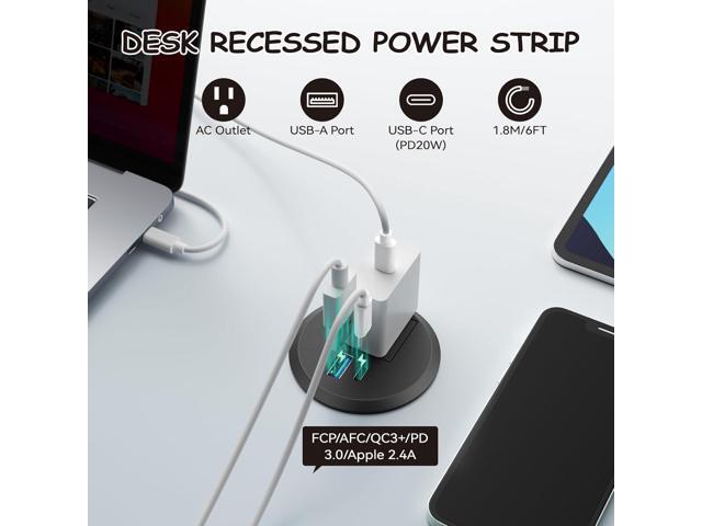 XBA 2inch Desktop Power Grommet Recessed Power Strip with PD 20W USB C,AC Outlet and 18W USB A Charging Port, Hidden Power Outlets with 6FT...