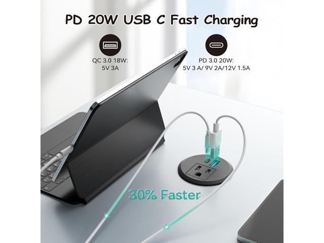 XBA 2inch Desktop Power Grommet Recessed Power Strip with PD 20W USB C,AC Outlet and 18W USB A Charging Port, Hidden Power Outlets with 6FT...