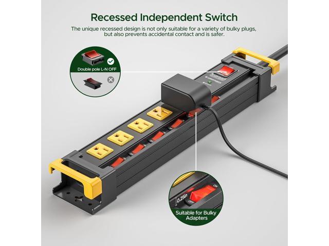6 Outlet Heavy Duty Power Strip with Individual Switches, 3300J Surge Protector Metal Mountable Power Strip, 6FT Cord Management, Wide-Spaced, ETL...