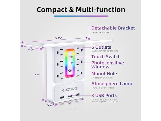 Socket Outlet Shelf,Wall Outlet Surge Protector,6 Electrical Outlet Splitter with 3 USB Outlet,Multi Plug Outlet,Charging Shelf,Outlet Expander...