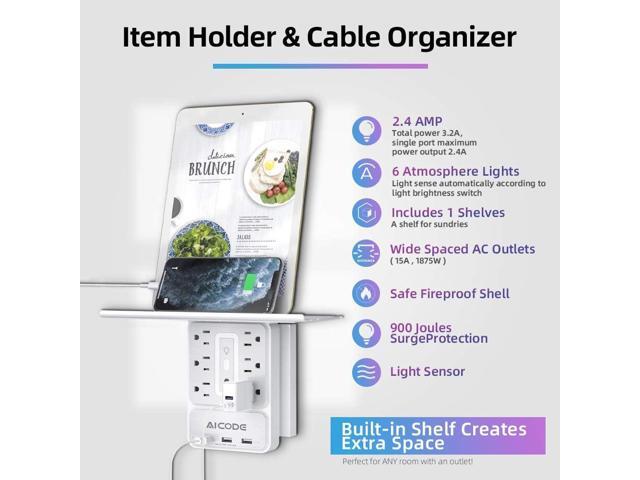 Socket Outlet Shelf,Wall Outlet Surge Protector,6 Electrical Outlet Splitter with 3 USB Outlet,Multi Plug Outlet,Charging Shelf,Outlet Expander...