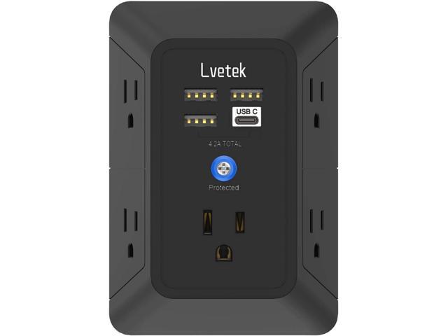 Surge Protector Outlet with 5-Multi Plug Outlet and 4 USB Ports (1 USB C), 3-Sided 1680J Power Strip Wall Charger for Home, Travel, Office - ETL...