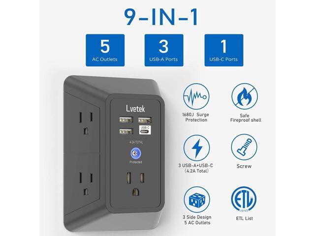 Surge Protector Outlet with 5-Multi Plug Outlet and 4 USB Ports (1 USB C), 3-Sided 1680J Power Strip Wall Charger for Home, Travel, Office - ETL...