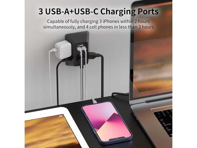 Surge Protector Outlet with 5-Multi Plug Outlet and 4 USB Ports (1 USB C), 3-Sided 1680J Power Strip Wall Charger for Home, Travel, Office - ETL...