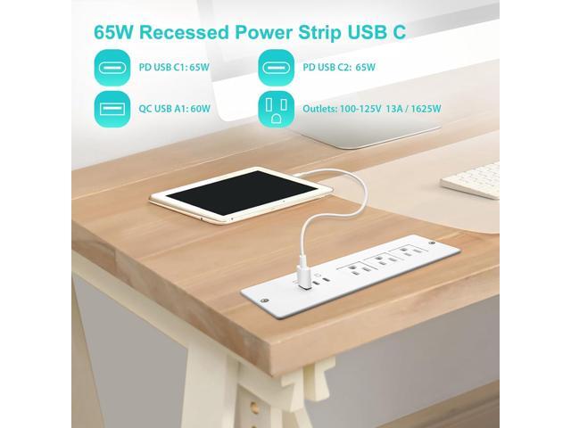 Recessed Power Strip USB C 65W,Flush Mount Desk Power Outlet 3 Outlets 3 USB (PD 65W& QC60W,) 6.0ft Heavy Duty Power Cord with Flat Plug Fast...