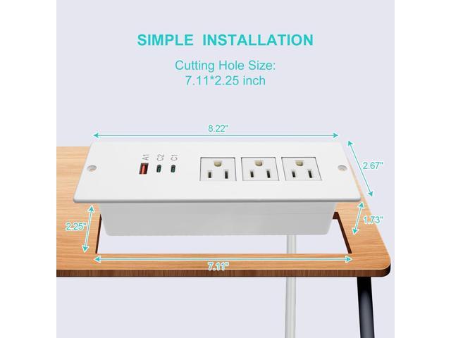 Recessed Power Strip USB C 65W,Flush Mount Desk Power Outlet 3 Outlets 3 USB (PD 65W& QC60W,) 6.56ft Heavy Duty Power Cord with Flat Plug Fast...