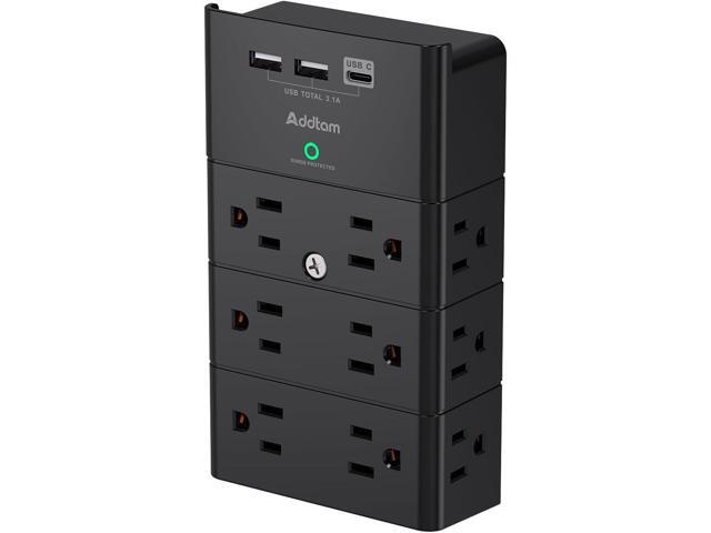 Multi Plug Outlet - Addtam Surge Protector Wall Mount with 12 Outlet Extender- 3 Sides and 3 USB Ports (1 USB-C), Outlet Splitter Power Strip for...