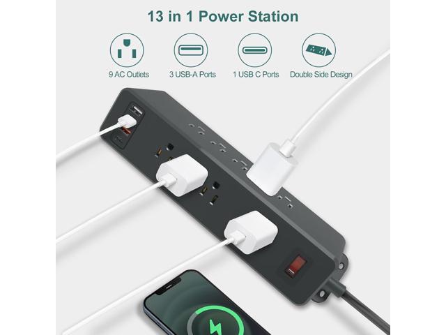 9 Outlets Wall Mount Power Strip with USB C HdcTek Double Side Outlet Extender Fast Charge USB-A Ports & 1 PD USB-C Port Flat Plug Mountable Desk...