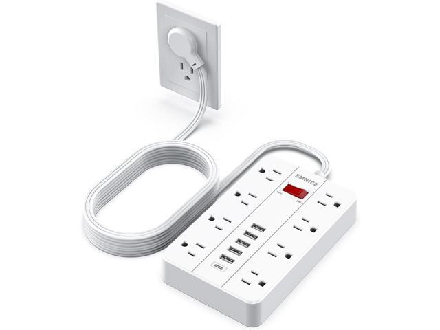 Power Strip Surge Protector, SMNICE Flat Plug Long Extension Cord 10 Ft with 8 Widely Spaced Outlets 6USB(1 USB C) Charging Station, Wall Mount for...