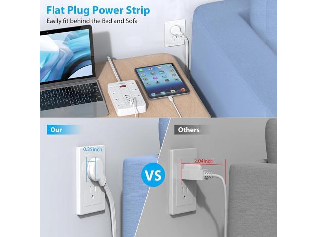 Power Strip Surge Protector, SMNICE Flat Plug Long Extension Cord 10 Ft with 8 Widely Spaced Outlets 6USB(1 USB C) Charging Station, Wall Mount for...