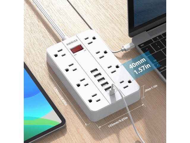 Power Strip Surge Protector, SMNICE Flat Plug Long Extension Cord 10 Ft with 8 Widely Spaced Outlets 6USB(1 USB C) Charging Station, Wall Mount for...